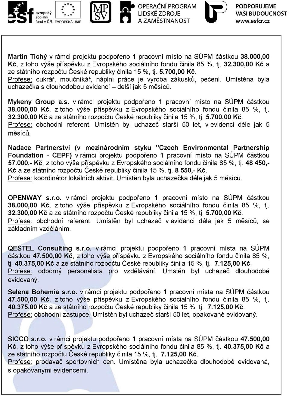 Umístěna byla uchazečka s dlouhodobou evidencí delší jak 5 měsíců. Mykeny Group a.s. v rámci projektu podpořeno 1 pracovní místo na SÚPM částkou Profese: obchodní referent.