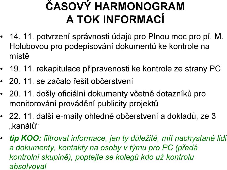 11. došly oficiální dokumenty včetně dotazníků pro monitorování provádění publicity projektů 22. 11.