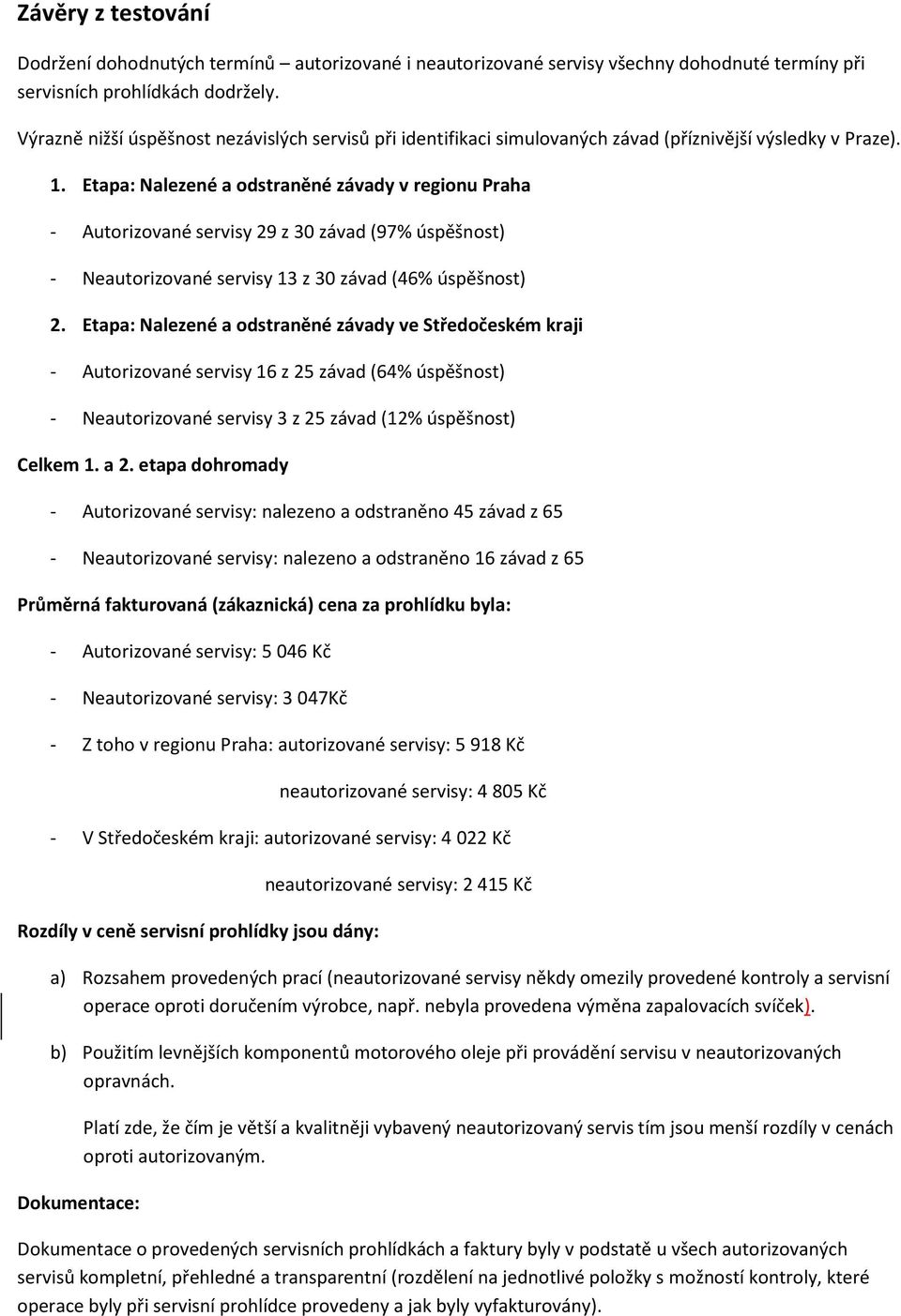 Etapa: Nalezené a odstraněné závady v regionu Praha - Autorizované servisy 29 z 30 závad (97% úspěšnost) - Neautorizované servisy 13 z 30 závad (46% úspěšnost) 2.