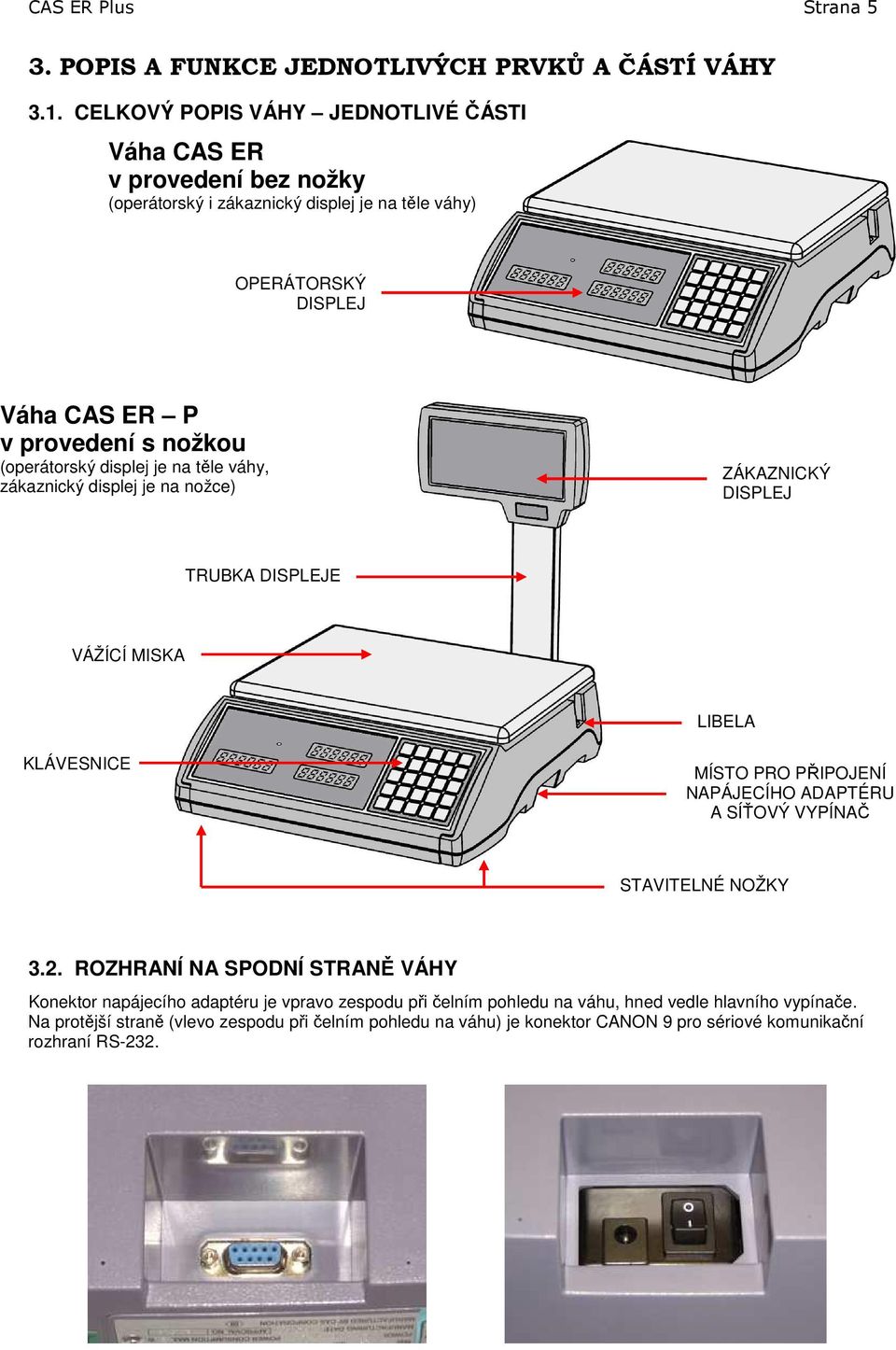 (operátorský displej je na těle váhy, zákaznický displej je na nožce) ZÁKAZNICKÝ DISPLEJ RUBKA DISPLEJE VÁŽÍCÍ MISKA LIBELA KLÁVESNICE MÍSO PRO PŘIPOJENÍ NAPÁJECÍHO ADAPÉRU A