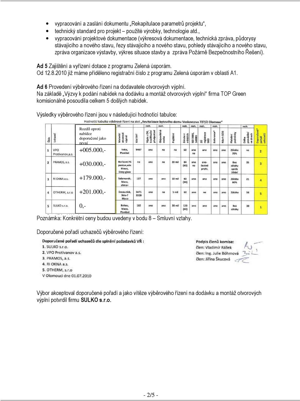 organizace výstavby, výkres situace stavby a zpráva Požárně Bezpečnostního Řešení). Ad 5 Zajištění a vyřízení dotace z programu Zelená úsporám. Od 12.8.