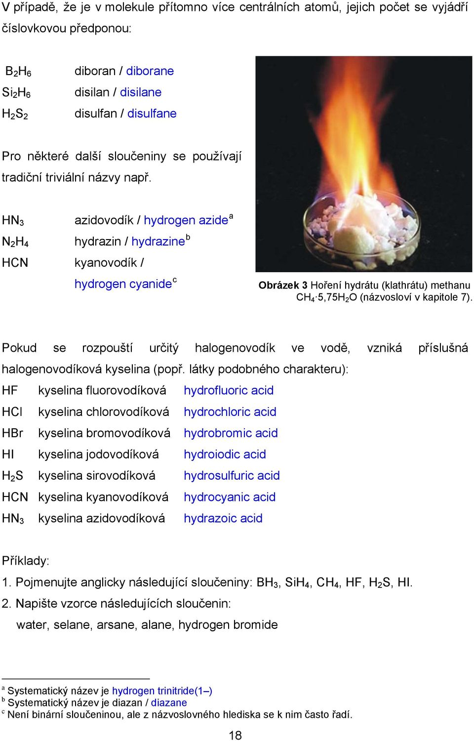 HN 3 azidovodík / hydrogen azide a N 2 H 4 hydrazin / hydrazine b HCN kyanovodík / hydrogen cyanide c Obrázek 3 Hoření hydrátu (klathrátu) methanu CH 4 5,75H 2 O (názvosloví v kapitole 7).