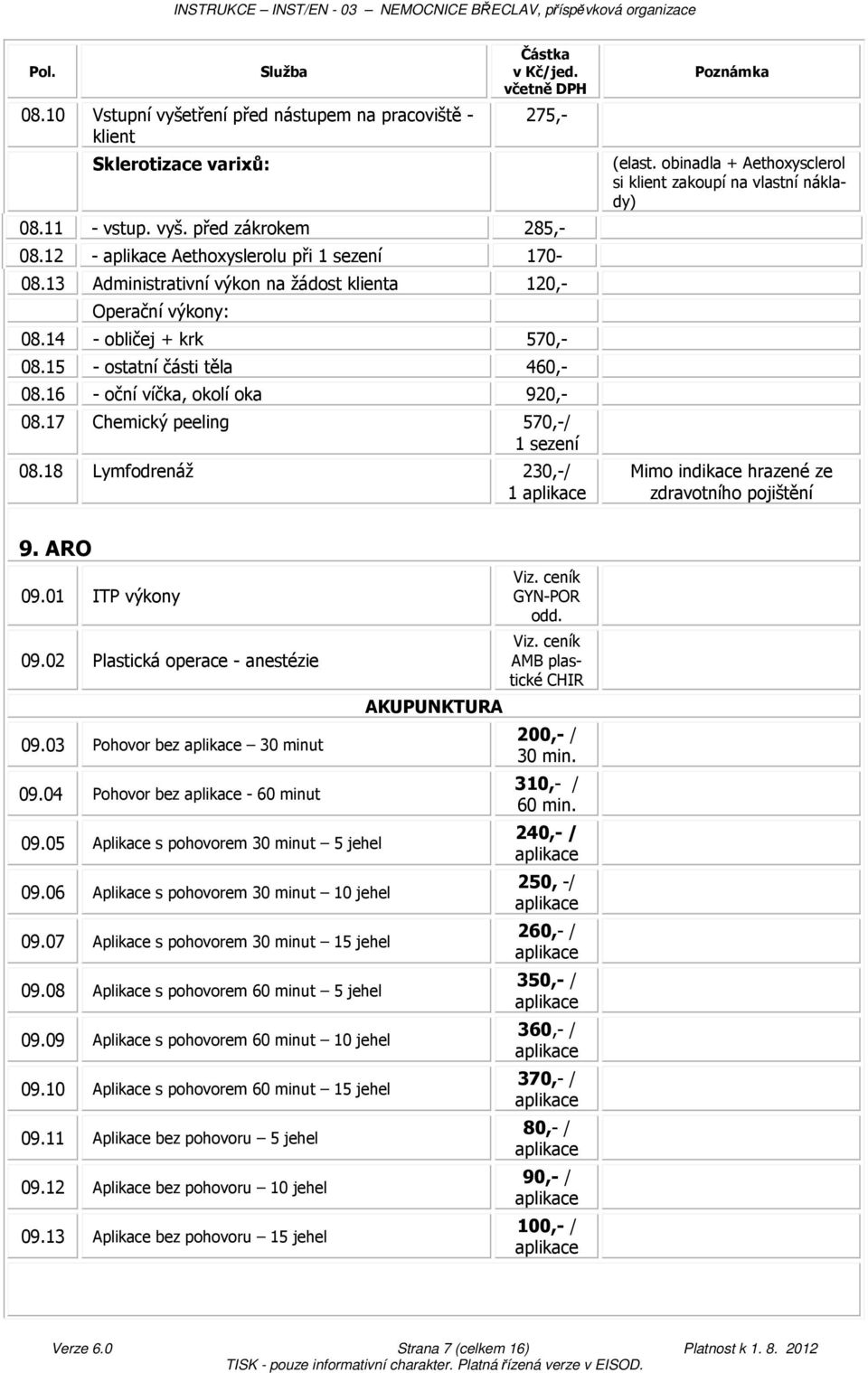 17 Chemický peeling 570,-/ 1 sezení 08.18 Lymfodrenáž 230,-/ 1 (elast. obinadla + Aethoxysclerol si klient zakoupí na vlastní náklady) Mimo indikace hrazené ze zdravotního pojištění 9. ARO 09.