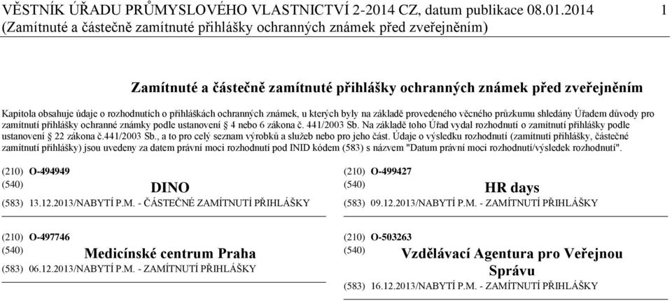 2014 1 (Zamítnuté a částečně zamítnuté přihlášky ochranných známek před zveřejněním) Zamítnuté a částečně zamítnuté přihlášky ochranných známek před zveřejněním Kapitola obsahuje údaje o rozhodnutích