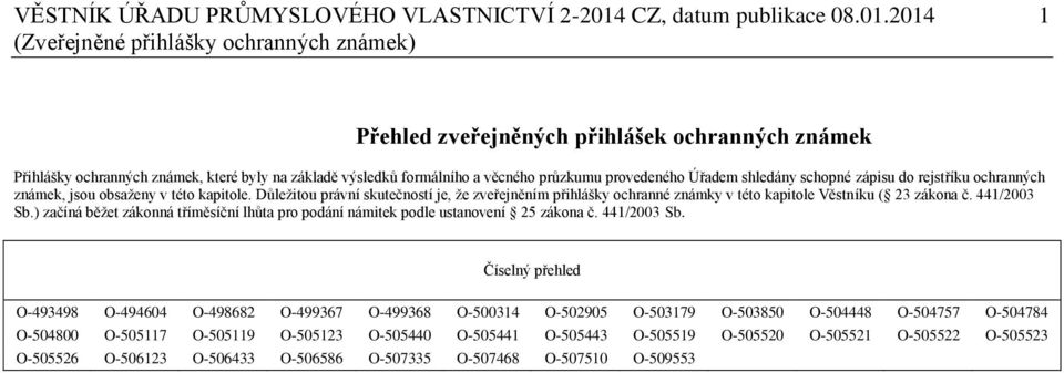 2014 1 (Zveřejněné přihlášky ochranných známek) Přehled zveřejněných přihlášek ochranných známek Přihlášky ochranných známek, které byly na základě výsledků formálního a věcného průzkumu provedeného