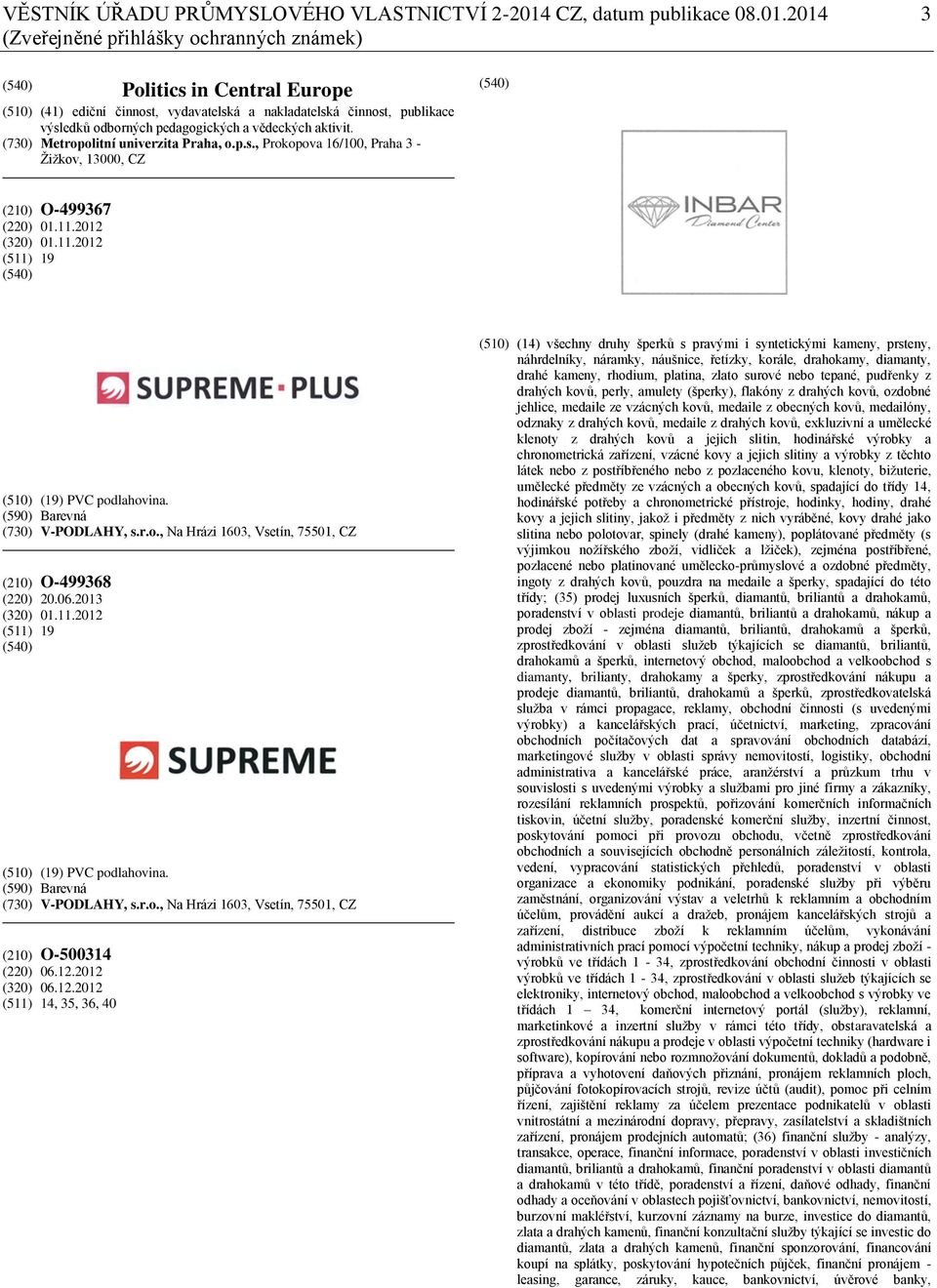 2014 3 (Zveřejněné přihlášky ochranných známek) Politics in Central Europe (510) (41) ediční činnost, vydavatelská a nakladatelská činnost, publikace výsledků odborných pedagogických a vědeckých