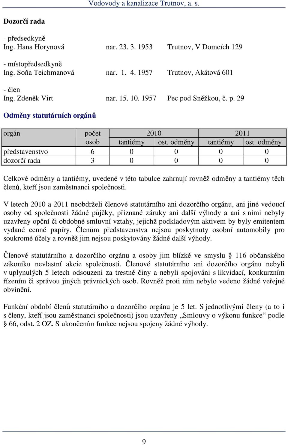 odměny představenstvo 6 0 0 0 0 dozorčí rada 3 0 0 0 0 Celkové odměny a tantiémy, uvedené v této tabulce zahrnují rovněž odměny a tantiémy těch členů, kteří jsou zaměstnanci společnosti.