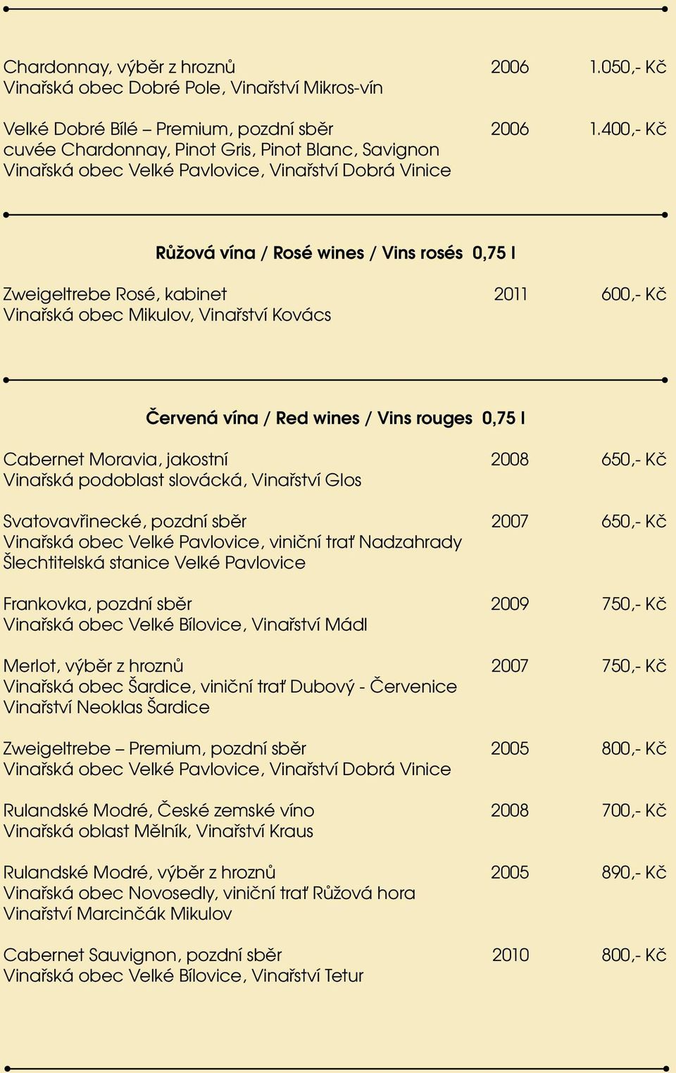 Kč Vinařská obec Mikulov, Vinařství Kovács Červená vína / Red wines / Vins rouges 0,75 l Cabernet Moravia, jakostní 2008 650,- Kč Vinařská podoblast slovácká, Vinařství Glos Svatovavřinecké, pozdní