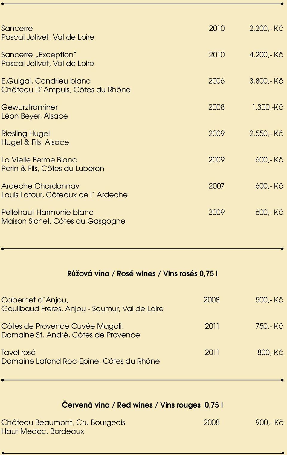 550,- Kč Hugel & Fils, Alsace La Vielle Ferme Blanc 2009 600,- Kč Perin & Fils, Côtes du Luberon Ardeche Chardonnay 2007 600,- Kč Louis Latour, Côteaux de l Ardeche Pellehaut Harmonie blanc 2009