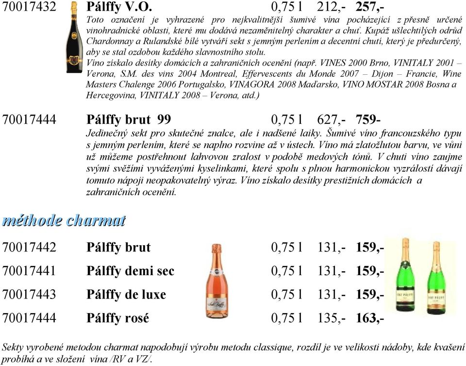 - Víno získalo desítky domácích a zahraničních ocenění (např. VINES 2000 Brno, VINITALY 2001 Verona, S.M.