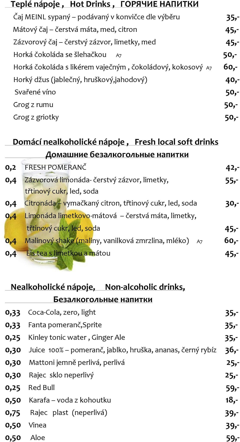 nealkoholické nápoje, Fresh local soft drinks Домашние безалкогольные напитки 0,2 FRESH POMERANČ 42,- 0,4 Zázvorová limonáda- čerstvý zázvor, limetky, 55,- třtinový cukr, led, soda 0,4 Citronáda