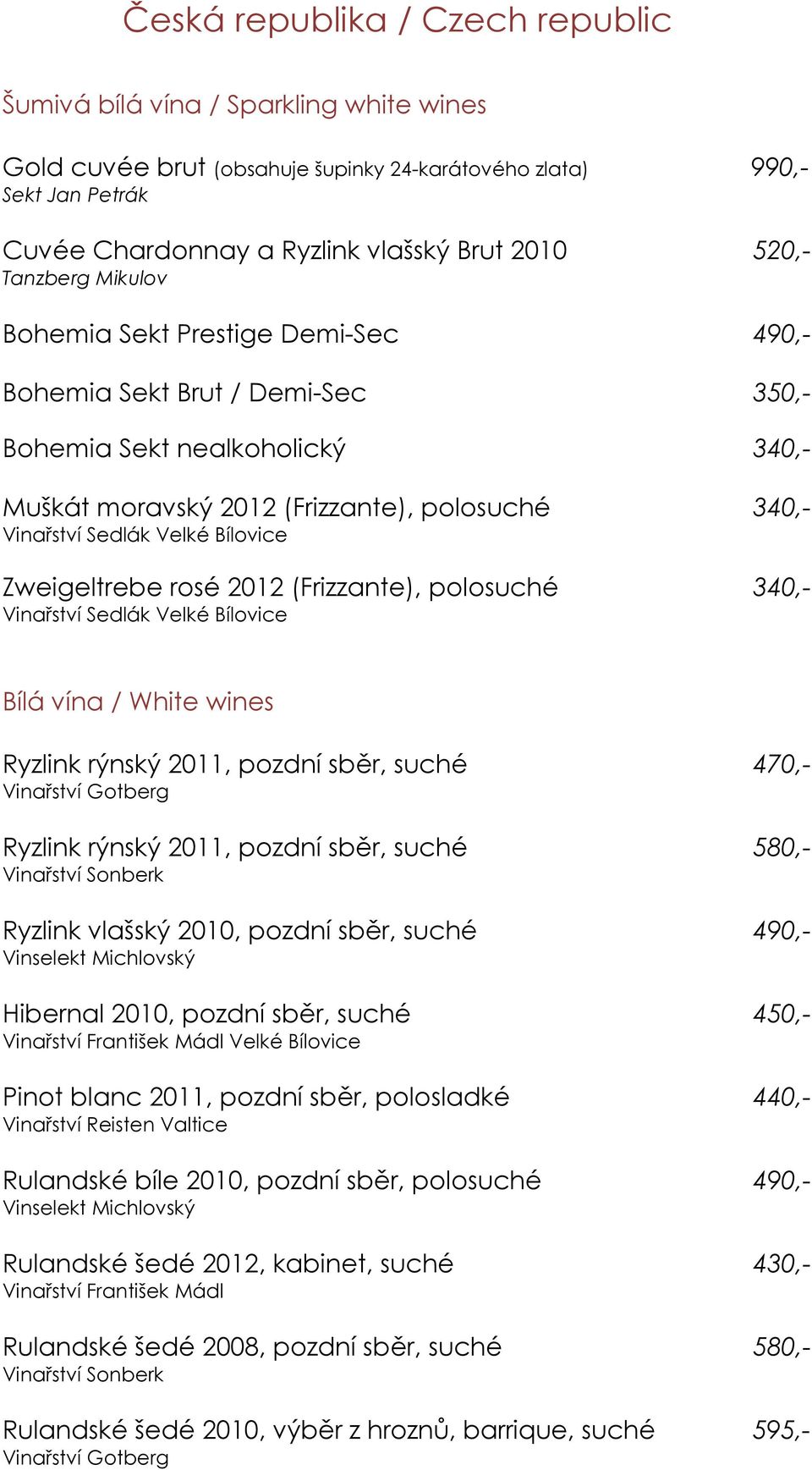 Velké Bílovice Zweigeltrebe rosé 2012 (Frizzante), polosuché 340,- Vinařství Sedlák Velké Bílovice Bílá vína / White wines Ryzlink rýnský 2011, pozdní sběr, suché 470,- Vinařství Gotberg Ryzlink