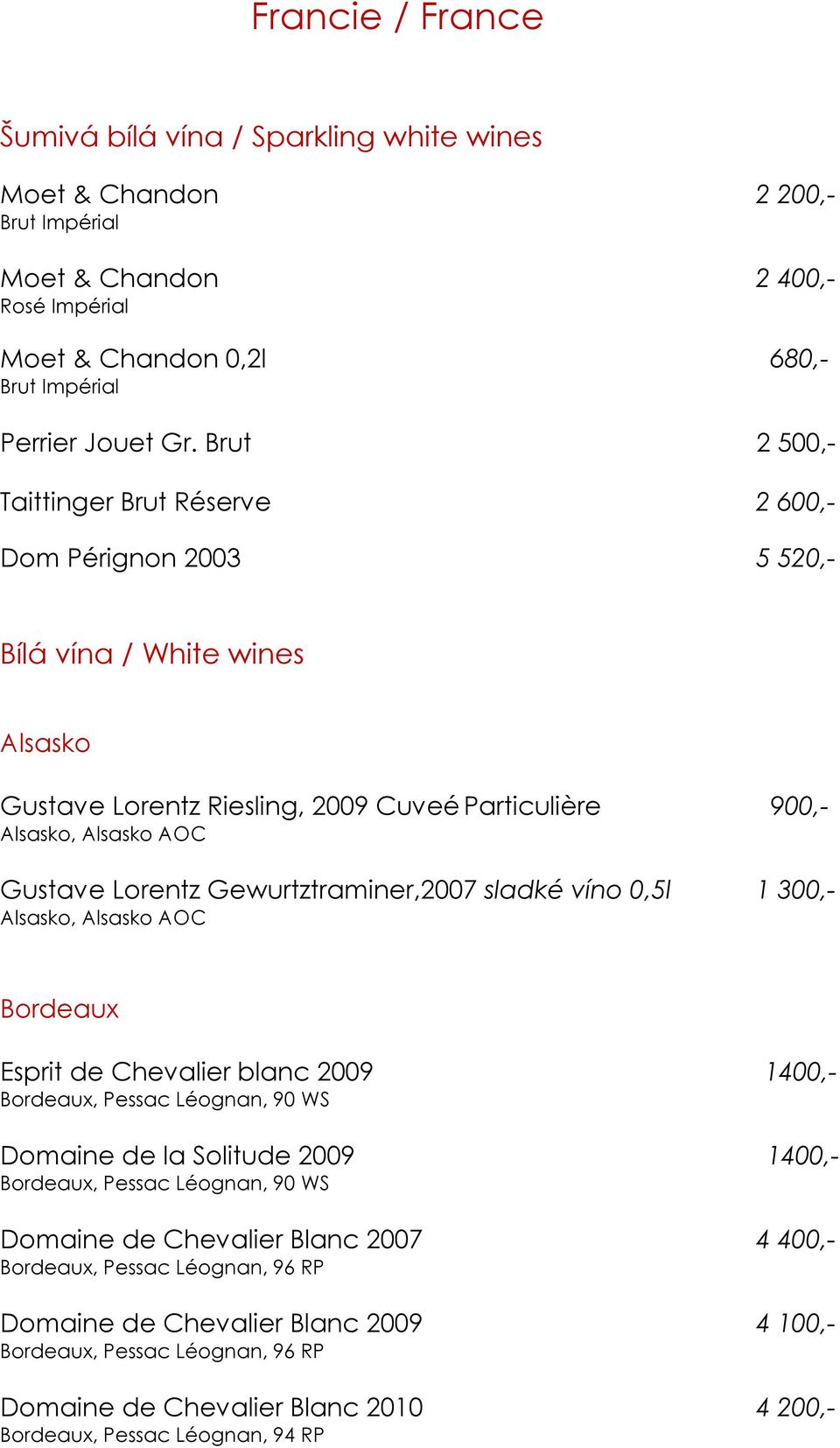 Gewurtztraminer,2007 sladké víno 0,5l 1 300,- Alsasko, Alsasko AOC Bordeaux Esprit de Chevalier blanc 2009 1400,- Bordeaux, Pessac Léognan, 90 WS Domaine de la Solitude 2009 1400,- Bordeaux, Pessac