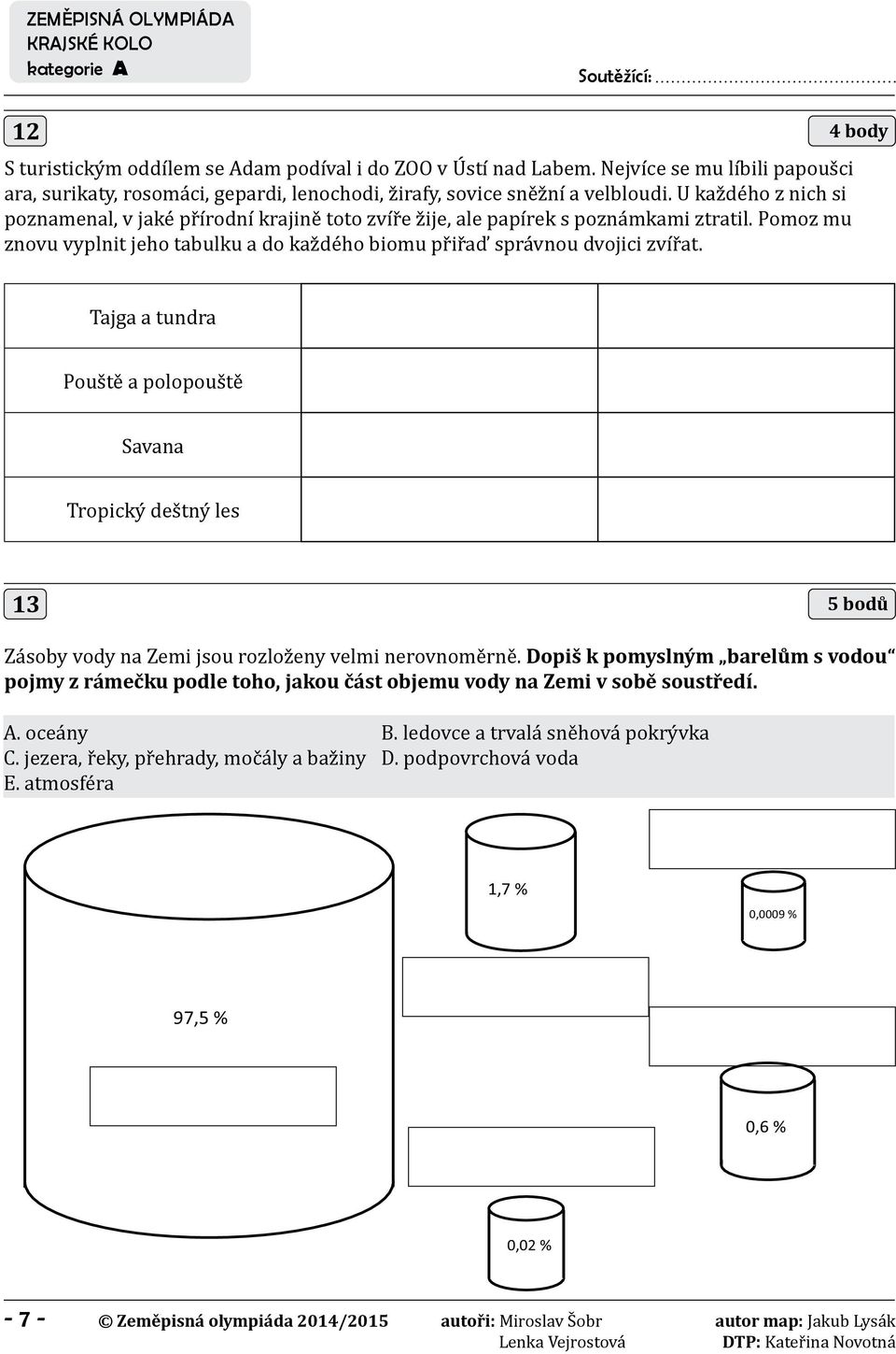 4 body Tajga a tundra Pouště a polopouště Savana Tropický deštný les 13 5 bodů Zásoby vody na Zemi jsou rozloženy velmi nerovnoměrně.