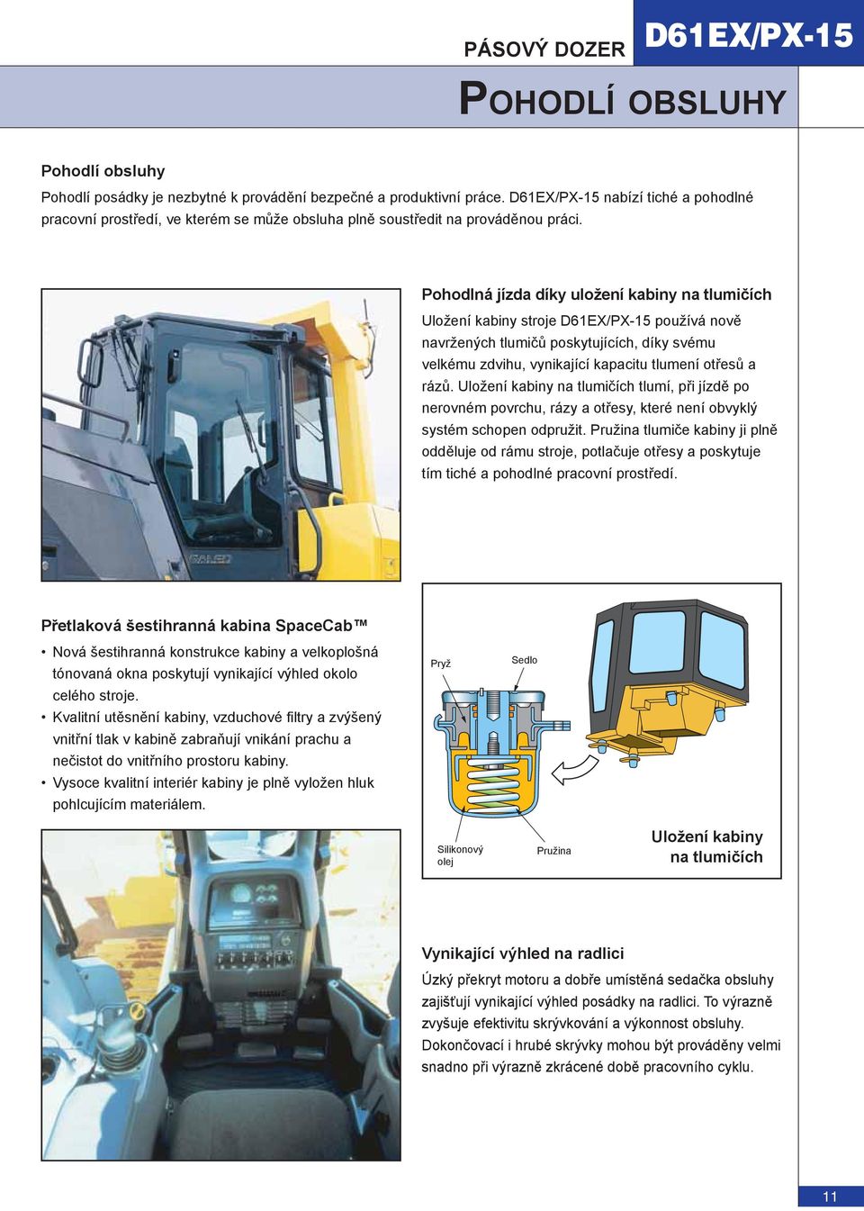 Pohodlná jízda díky uložení kabiny na tlumičích Uložení kabiny stroje D61EX/PX-15 používá nově navržených tlumičů poskytujících, díky svému velkému zdvihu, vynikající kapacitu tlumení otřesů a rázů.