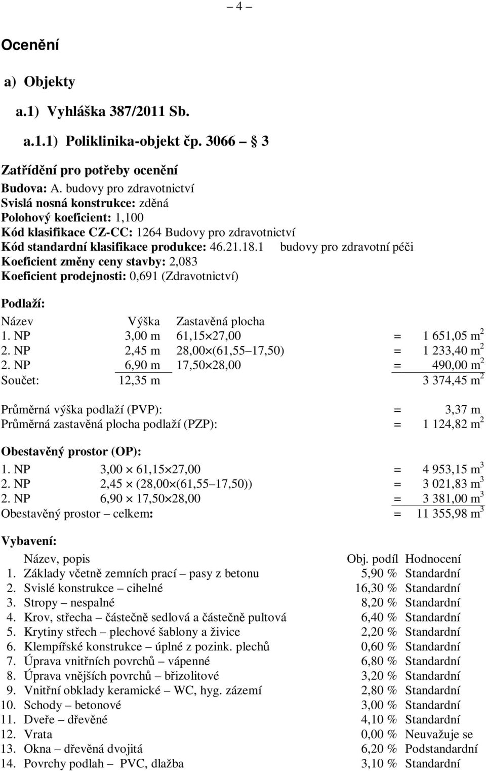 1 budovy pro zdravotní péi Koeficient zmny ceny stavby: 2,083 Koeficient prodejnosti: 0,691 (Zdravotnictví) Podlaží: Název Výška Zastavná plocha 1. NP 3,00 m 61,15 27,00 = 1 651,05 m 2 2.