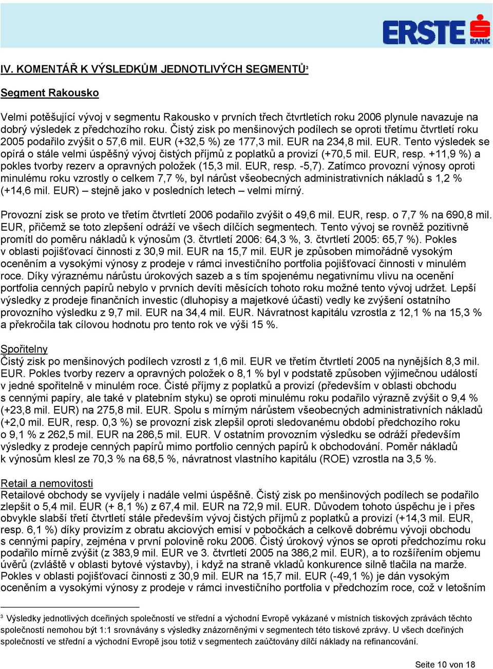 (+32,5 %) ze 177,3 mil. EUR na 234,8 mil. EUR. Tento výsledek se opírá o stále velmi úspěšný vývoj čistých příjmů z poplatků a provizí (+70,5 mil. EUR, resp.