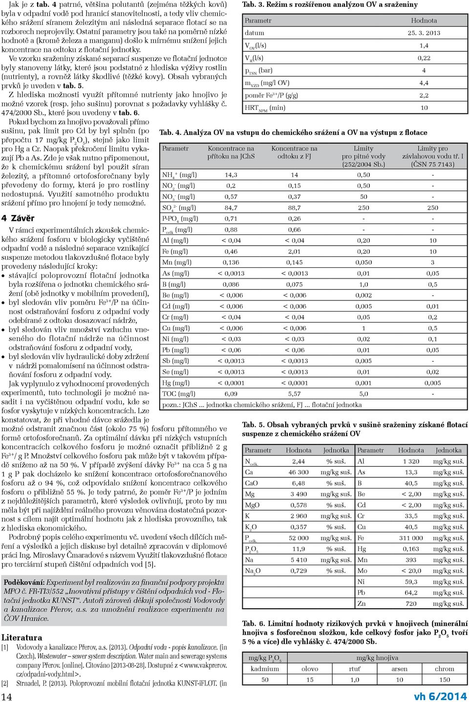 neprojevily. Ostatní parametry jsou také na poměrně nízké hodnotě a (kromě železa a manganu) došlo k mírnému snížení jejich koncentrace na odtoku z flotační jednotky.