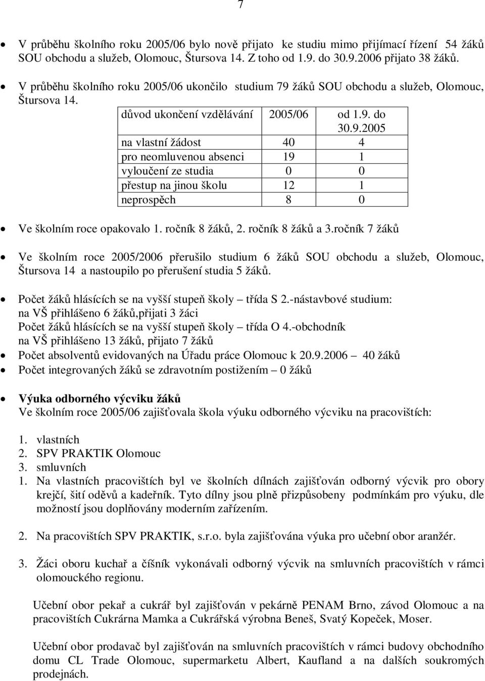 roník 8 žák, 2. roník 8 žák a 3.roník 7 žák Ve školním roce 2005/2006 perušilo studium 6 žák SOU obchodu a služeb, Olomouc, Štursova 14 a nastoupilo po perušení studia 5 žák.