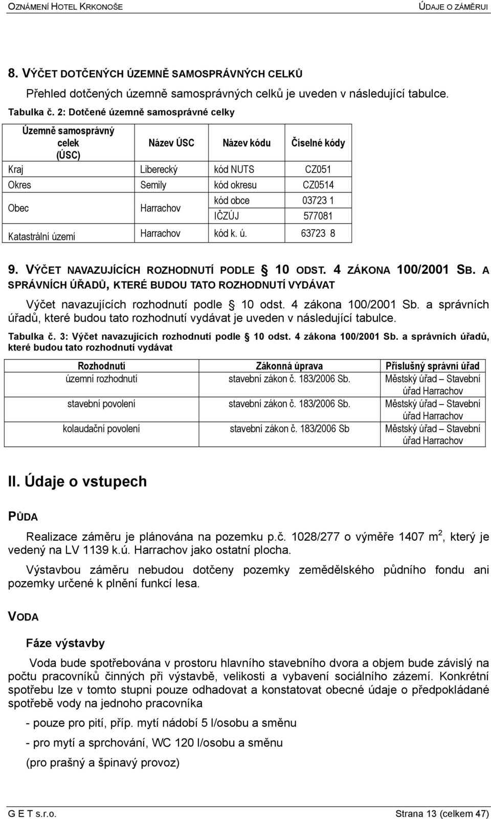 577081 Katastrální území Harrachov kód k. ú. 63723 8 9. VÝČET NAVAZUJÍCÍCH ROZHODNUTÍ PODLE 10 ODST. 4 ZÁKONA 100/2001 SB.