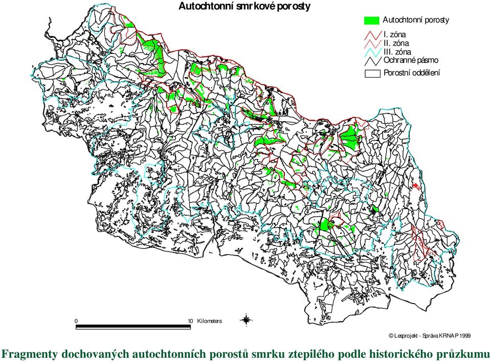 zóna Ochranné pásmo Porostní oddělení 0 10 Kilometers W N S E