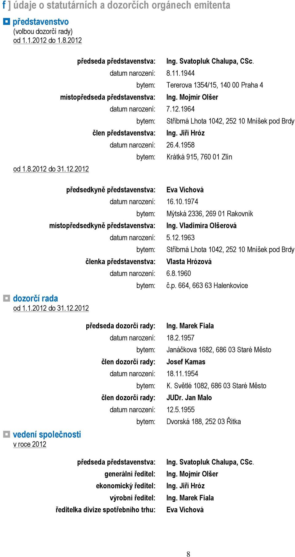 1964 bytem: člen představenstva: Stříbrná Lhota 1042, 252 10 Mníšek pod Brdy Ing. Jiří Hróz datum narození: 26.4.1958 bytem: předsedkyně představenstva: Krátká 915, 760 01 Zlín Eva Víchová datum narození: 16.