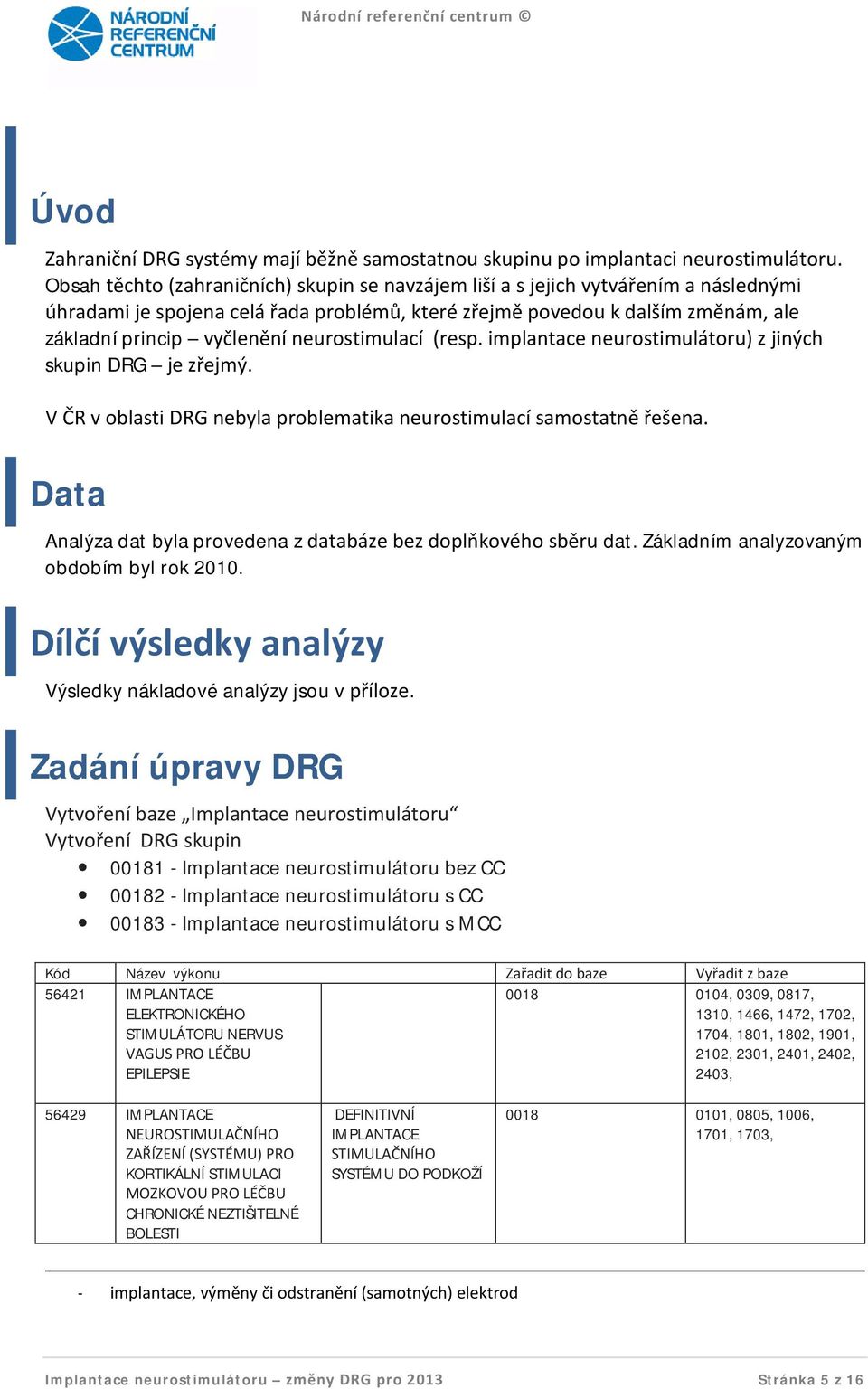 neurostimulací (resp. implantace neurostimulátoru) z jiných skupin DRG je zřejmý. V ČR v oblasti DRG nebyla problematika neurostimulací samostatně řešena.