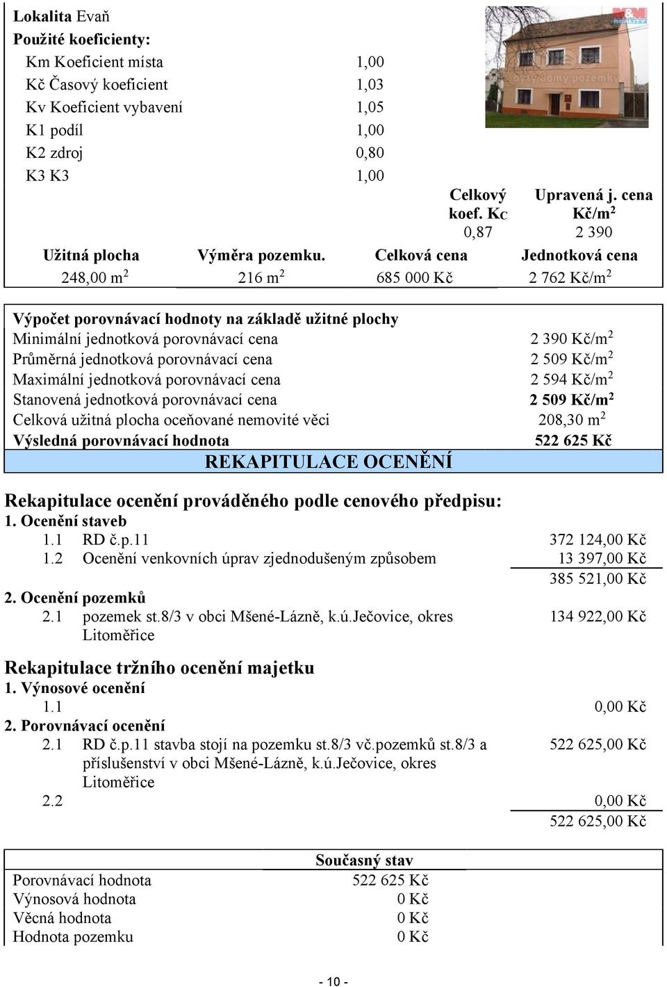 KC Kč/m2 0,87 2 390 Celková cena Jednotková cena 685 000 Kč 2 762 Kč/m2 Výpočet porovnávací hodnoty na základě užitné plochy Minimální jednotková porovnávací cena růměrná jednotková porovnávací cena