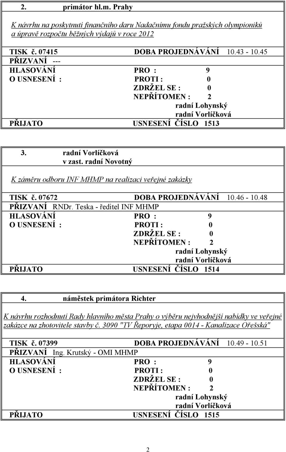 46-10.48 PŘIZVANÍ RNDr. Teska - ředitel INF MHMP PŘIJATO USNESENÍ ČÍSLO 1514 4.