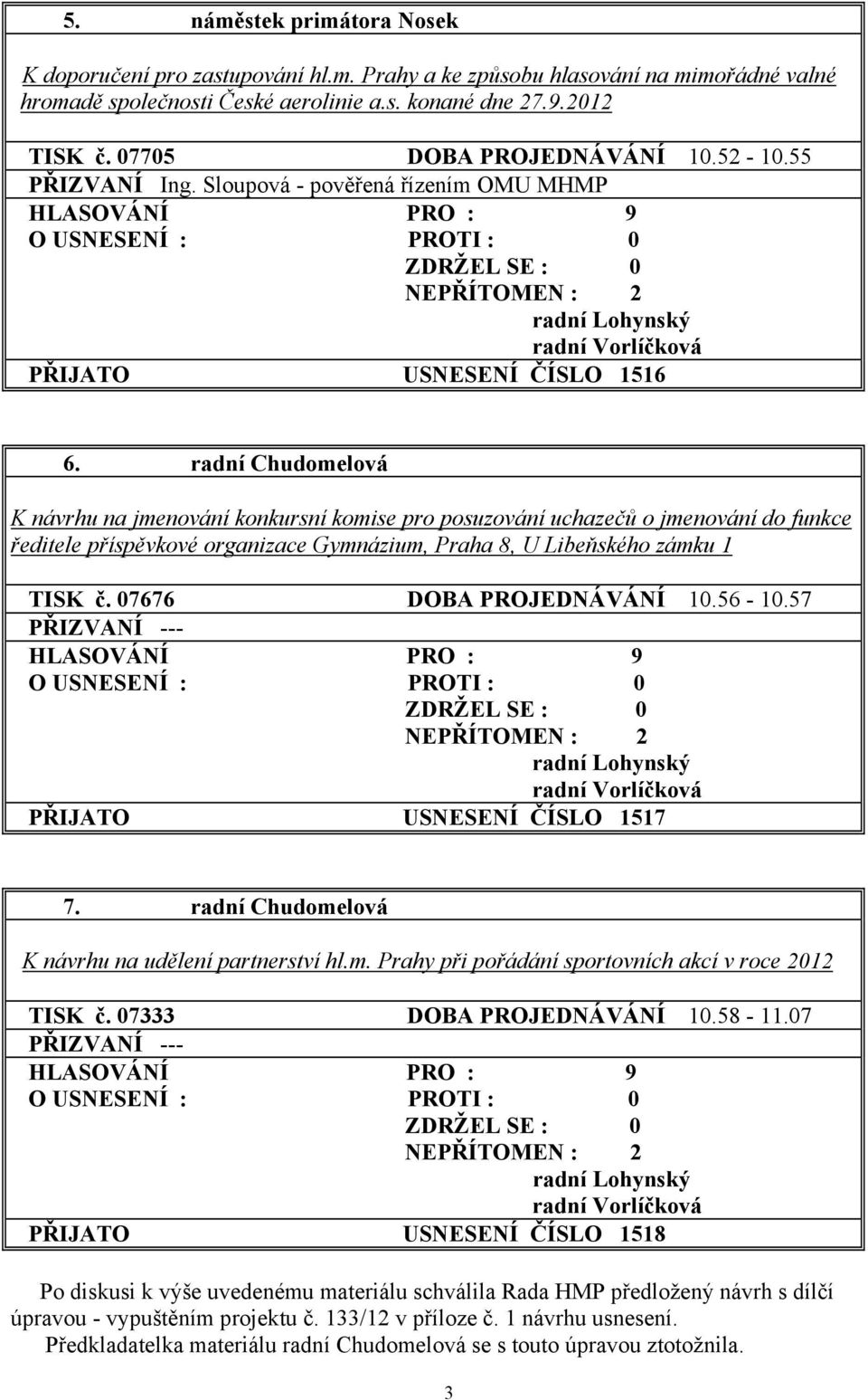 radní Chudomelová K návrhu na jmenování konkursní komise pro posuzování uchazečů o jmenování do funkce ředitele příspěvkové organizace Gymnázium, Praha 8, U Libeňského zámku 1 TISK č.