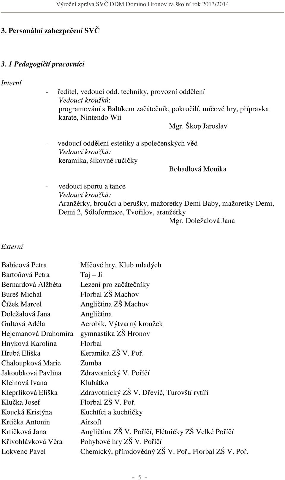 Škop Jaroslav - vedoucí oddělení estetiky a společenských věd Vedoucí kroužků: keramika, šikovné ručičky Bohadlová Monika - vedoucí sportu a tance Vedoucí kroužků: Aranžérky, broučci a berušky,