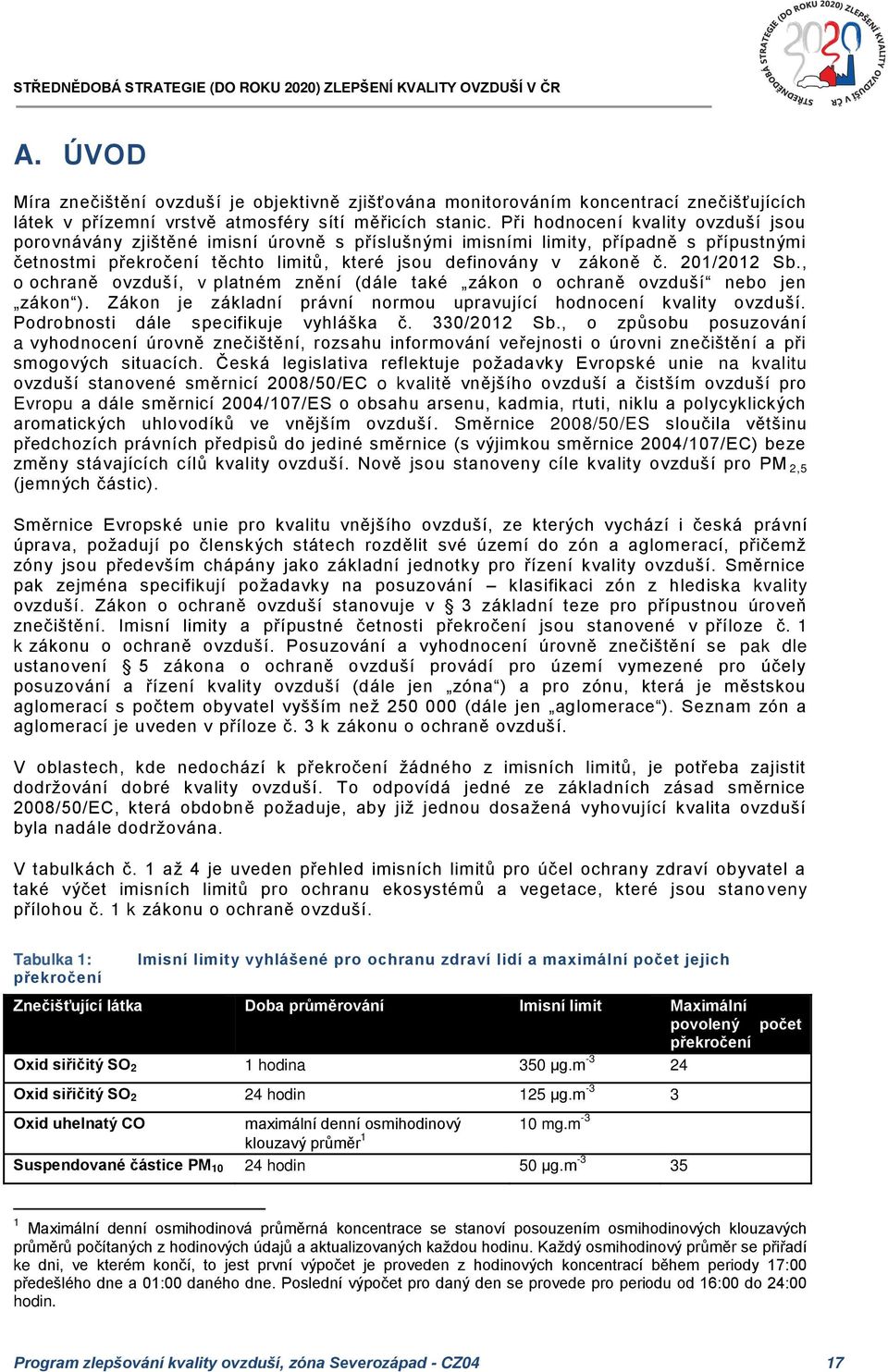 201/2012 Sb., o ochraně ovzduší, v platném znění (dále také zákon o ochraně ovzduší nebo jen zákon ). Zákon je základní právní normou upravující hodnocení kvality ovzduší.