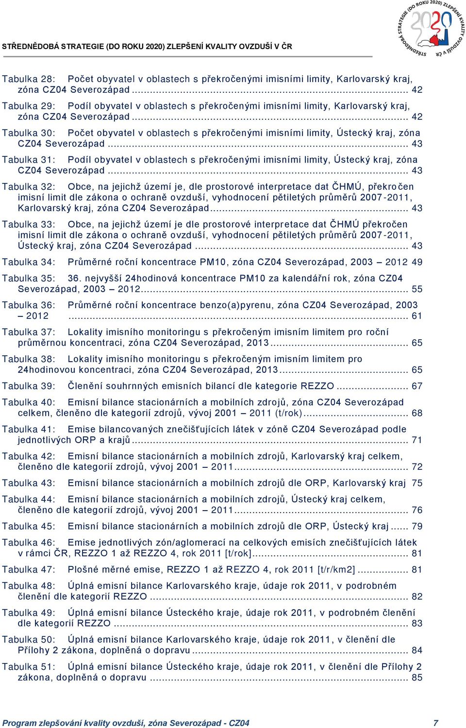 .. 42 Tabulka 30: Počet obyvatel v oblastech s překročenými imisními limity, Ústecký kraj, zóna CZ04 Severozápad.