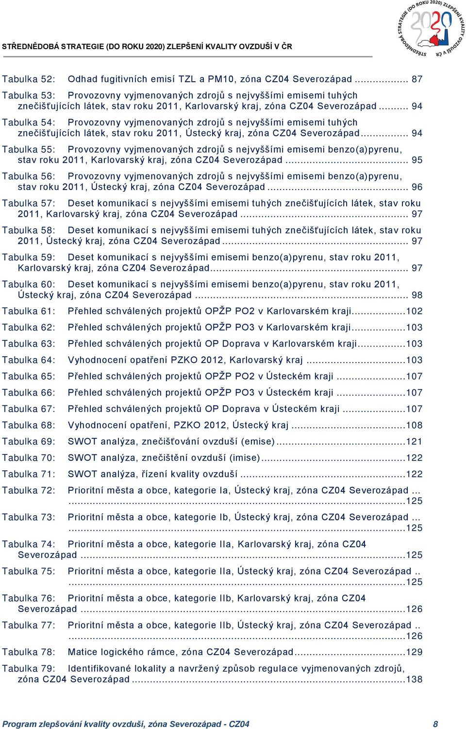 .. 94 Tabulka 54: Provozovny vyjmenovaných zdrojů s nejvyššími emisemi tuhých znečišťujících látek, stav roku 2011, Ústecký kraj, zóna CZ04 Severozápad.