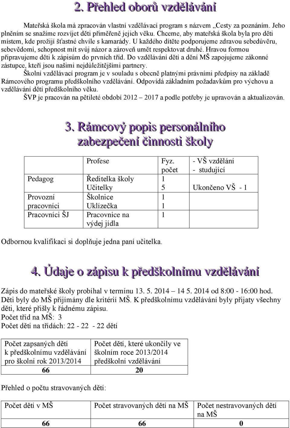 U každého dítěte podporujeme zdravou sebedůvěru, sebevědomí, schopnost mít svůj názor a zároveň umět respektovat druhé. Hravou formou připravujeme děti k zápisům do prvních tříd.