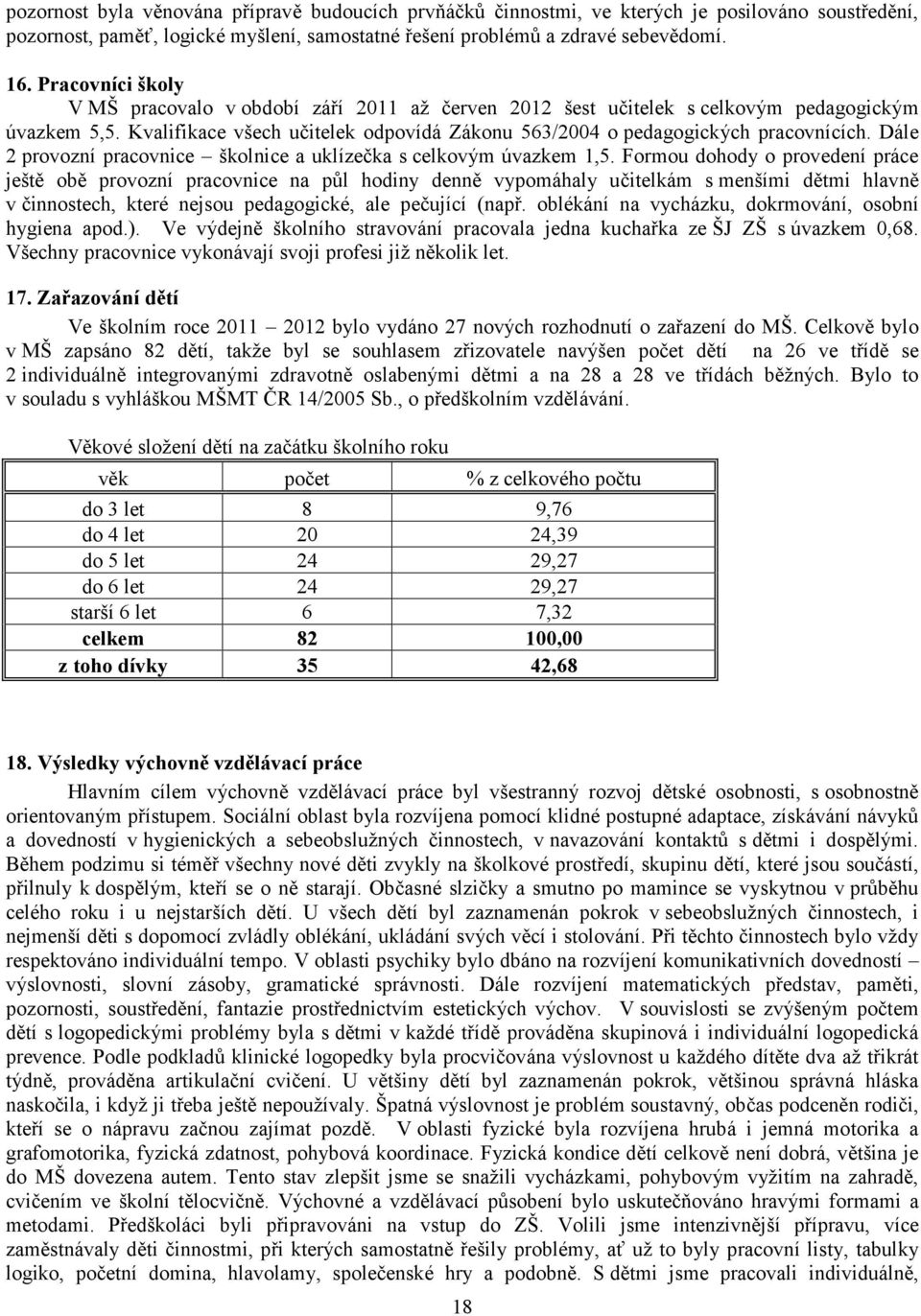 Dále 2 provozní pracovnice školnice a uklízečka s celkovým úvazkem 1,5.