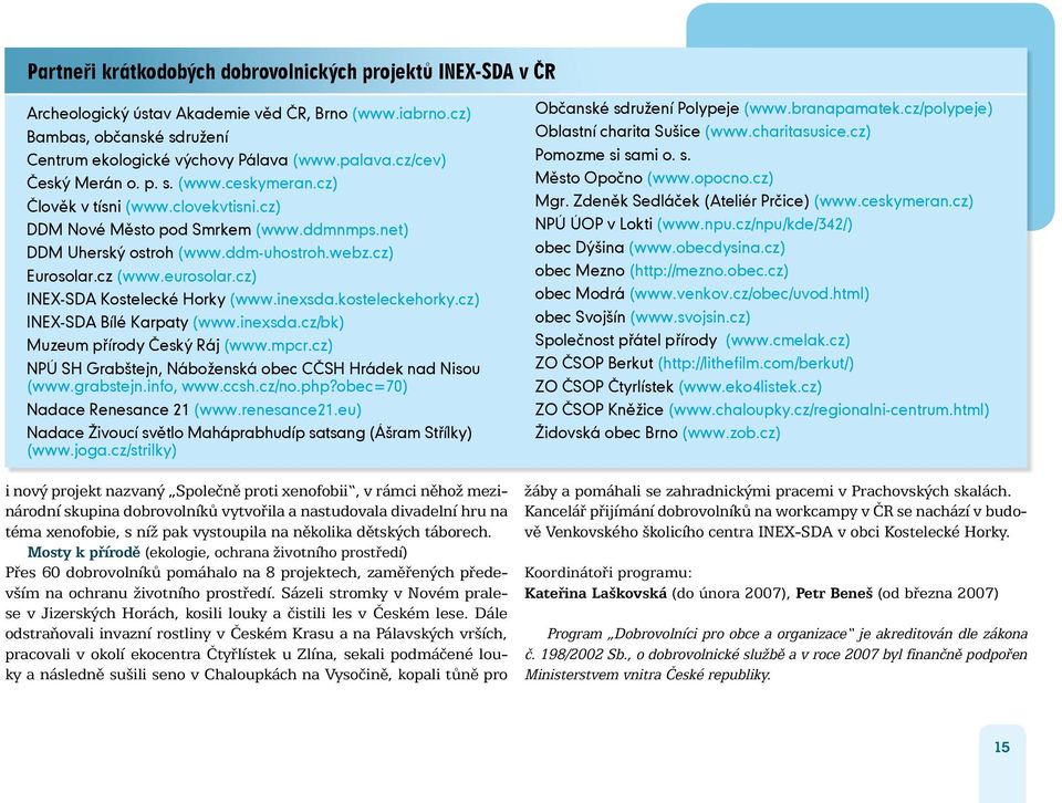 eurosolar.cz) INEX-SDA Kostelecké Horky (www.inexsda.kosteleckehorky.cz) INEX-SDA Bílé Karpaty (www.inexsda.cz/bk) Muzeum přírody Český Ráj (www.mpcr.