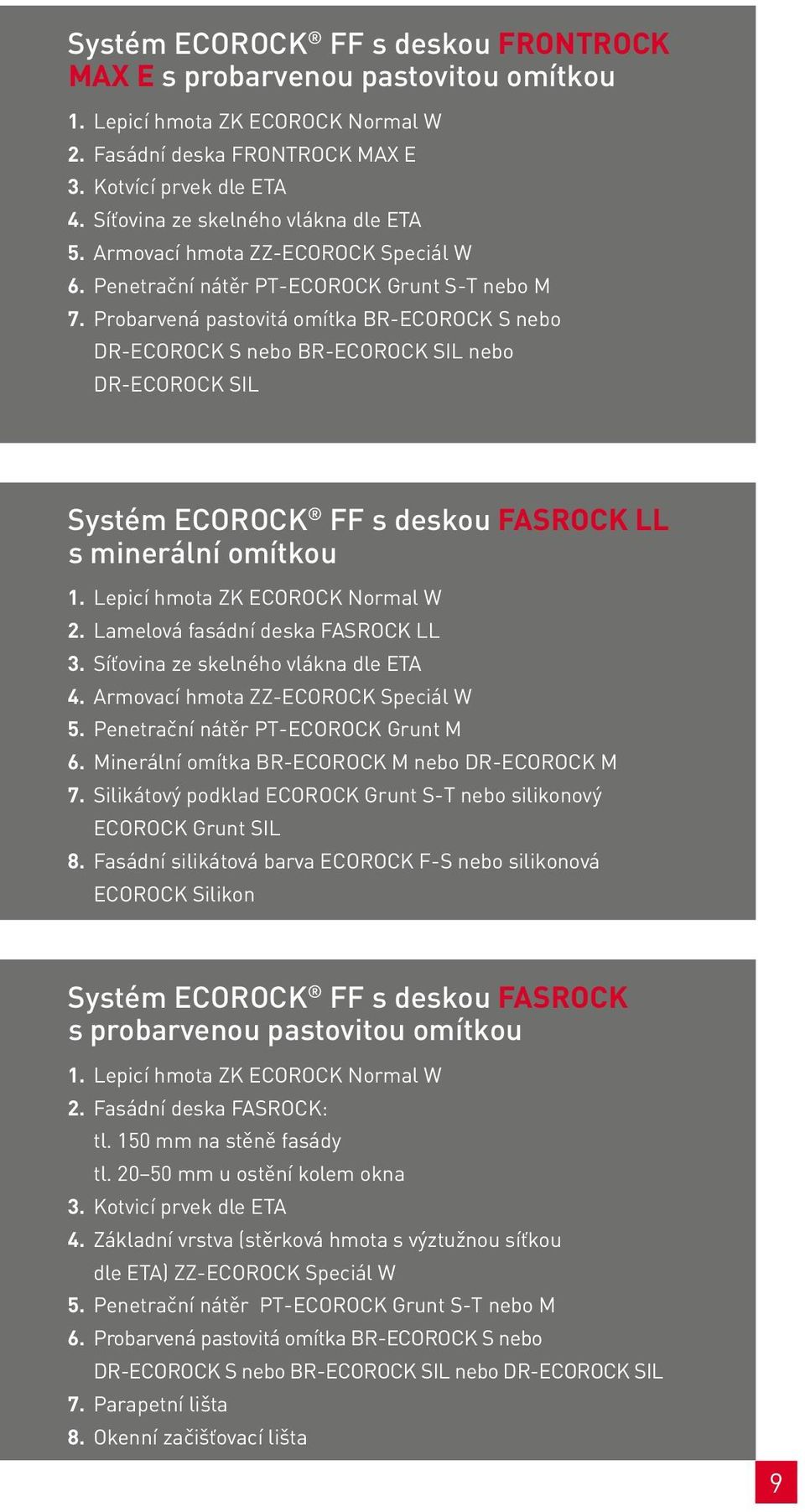 Probarvená pastovitá omítka BR-ECOROCK S nebo DR-ECOROCK S nebo BR-ECOROCK SIL nebo DR-ECOROCK SIL Systém ECOROCK FF s deskou FASROCK LL s minerální omítkou 1. Lepicí hmota ZK ECOROCK Normal W 2.