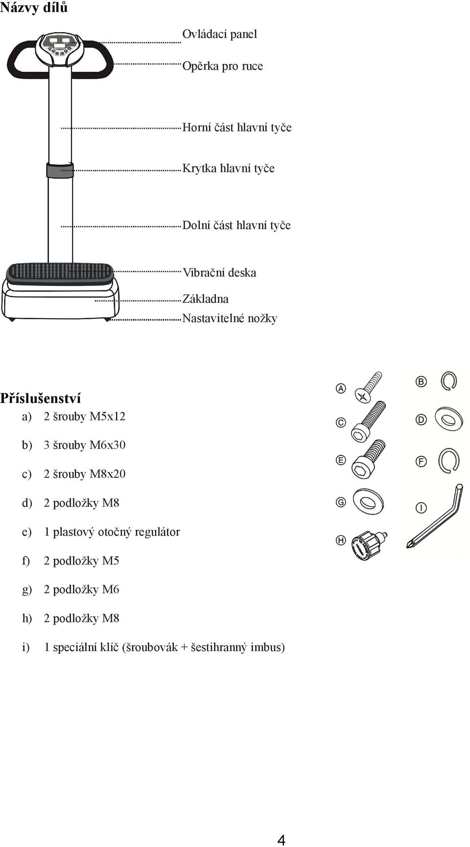 b) 3 šrouby M6x30 c) 2 šrouby M8x20 d) 2 podložky M8 e) 1 plastový otočný regulátor f) 2