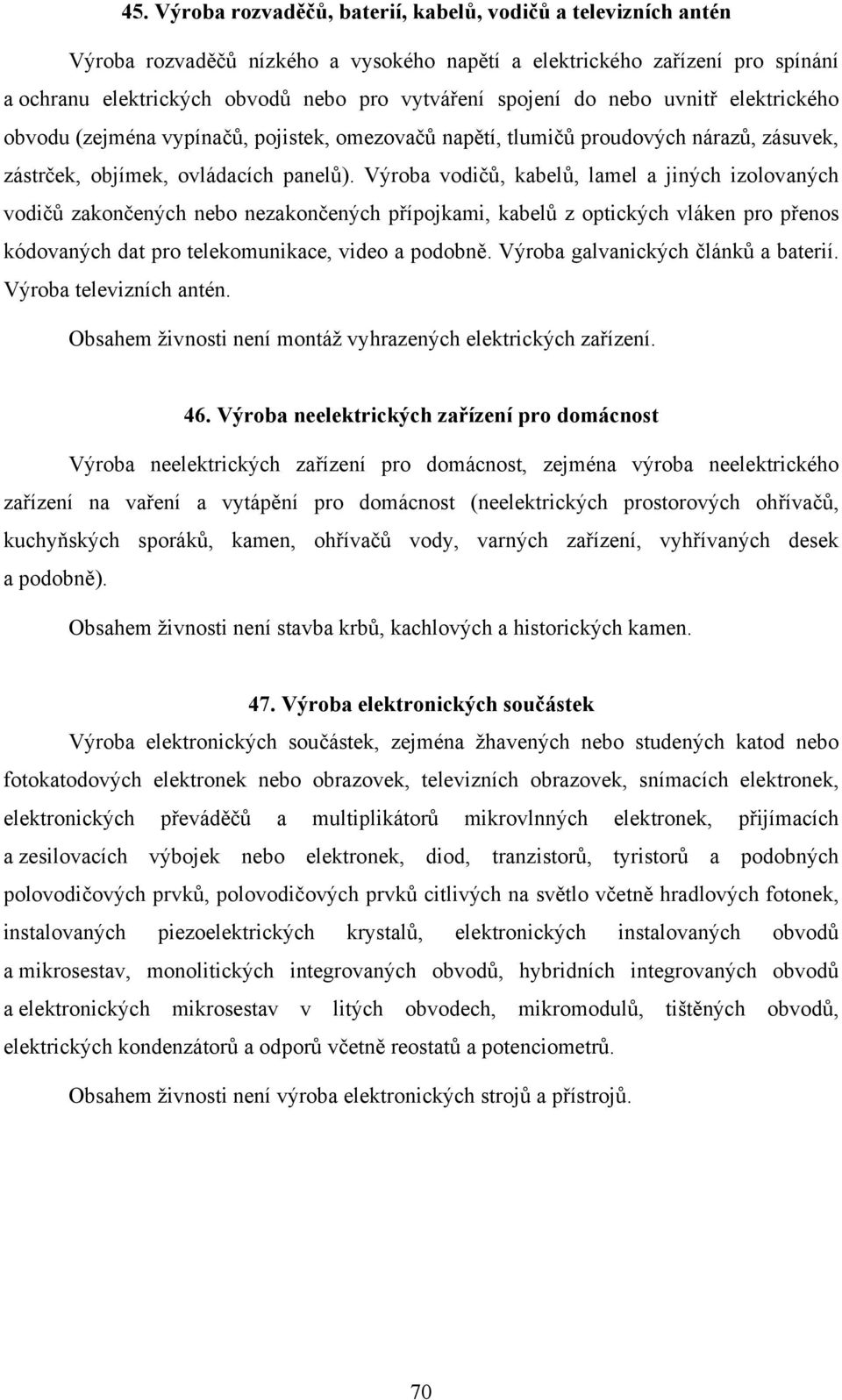 Výroba vodičů, kabelů, lamel a jiných izolovaných vodičů zakončených nebo nezakončených přípojkami, kabelů z optických vláken pro přenos kódovaných dat pro telekomunikace, video a podobně.