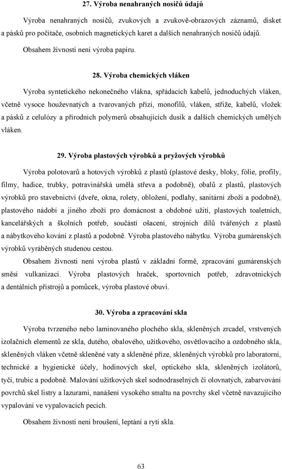 Výroba chemických vláken Výroba syntetického nekonečného vlákna, spřádacích kabelů, jednoduchých vláken, včetně vysoce houževnatých a tvarovaných přízí, monofilů, vláken, střiže, kabelů, vložek a