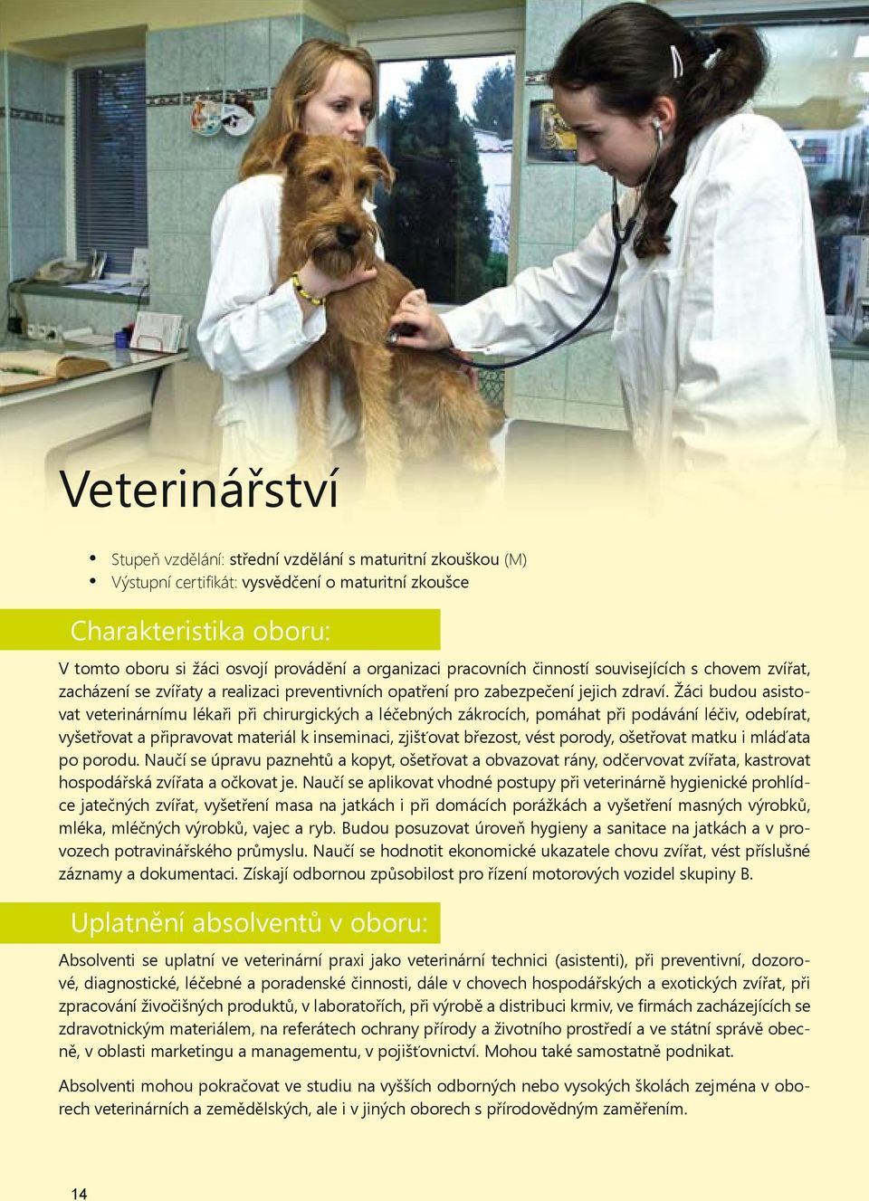 Žáci budou asistovat veterinárnímu léka i p i chirurgických a lé ebných zákrocích, pomáhat p i podávání lé iv, odebírat, vyšet ovat a p ipravovat materiál k inseminaci, zjiš ovat b ezost, vést