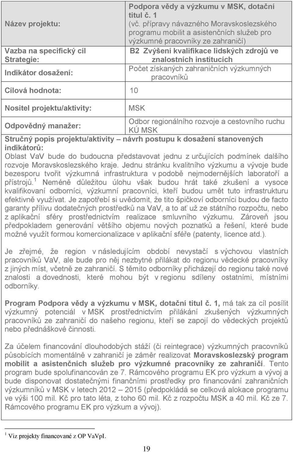 zahraničních výzkumných pracovníků MSK Odbor regionálního rozvoje a cestovního ruchu Odpovědný manažer: KÚ MSK Stručný popis projektu/aktivity návrh postupu k dosažení stanovených indikátorů: Oblast