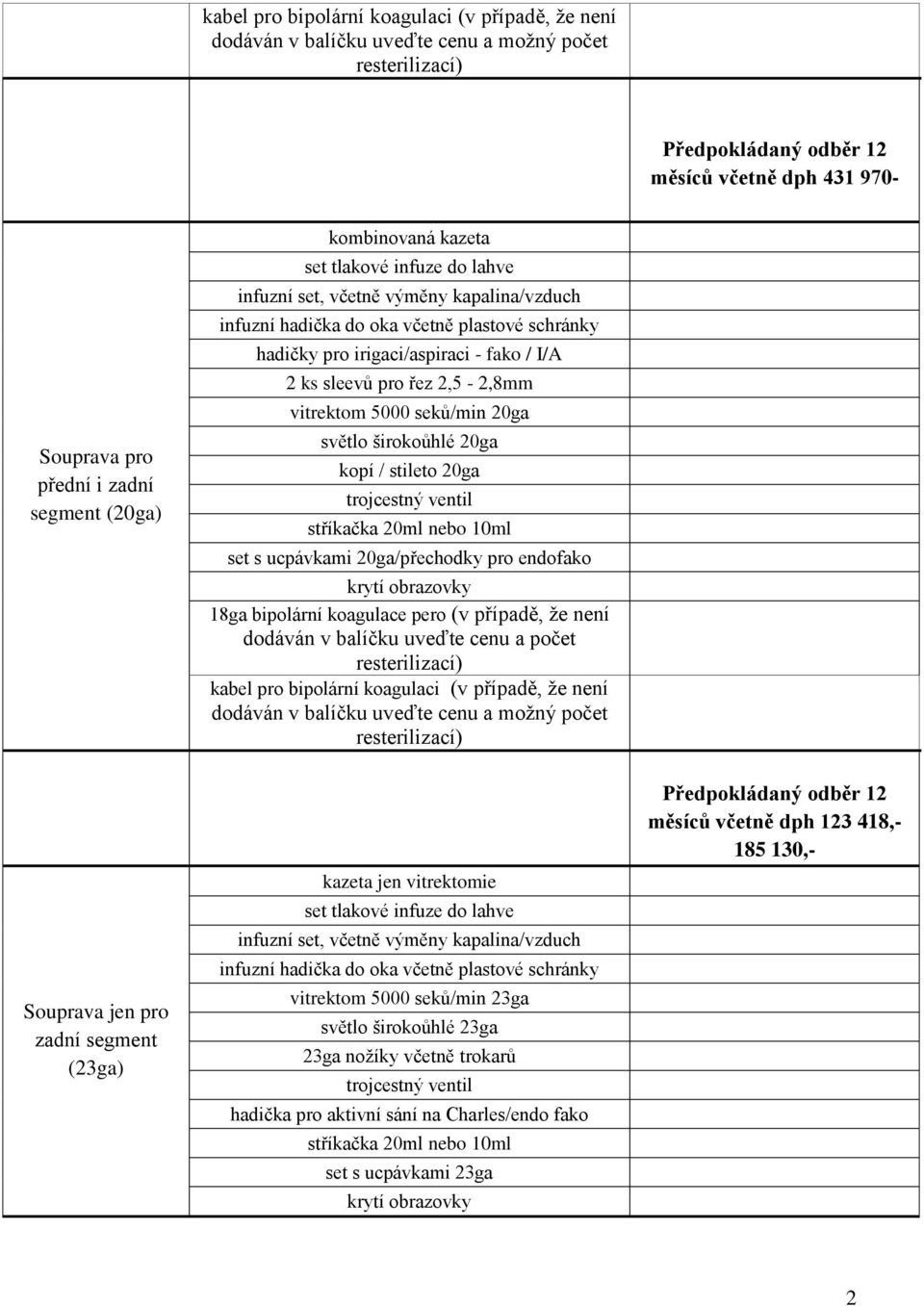 pro endofako 18ga bipolární koagulace pero (v případě, že není dodáván v balíčku uveďte cenu a počet resterilizací) kabel pro bipolární koagulaci (v případě, že není dodáván v balíčku uveďte cenu a