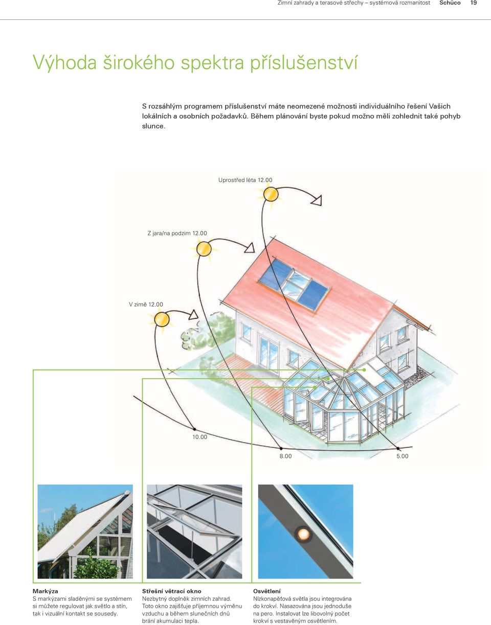 00 Markýza S markýzami sladěnými se systémem si můžete regulovat jak světlo a stín, tak i vizuální kontakt se sousedy. Střešní větrací okno Nezbytný doplněk zimních zahrad.