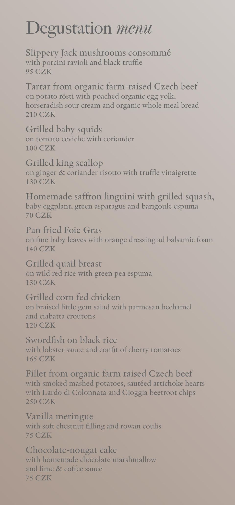 linguini with grilled squash, baby eggplant, green asparagus and barigoule espuma 70 CZK Pan fried Foie Gras on fine baby leaves with orange dressing ad balsamic foam 140 CZK Grilled quail breast on