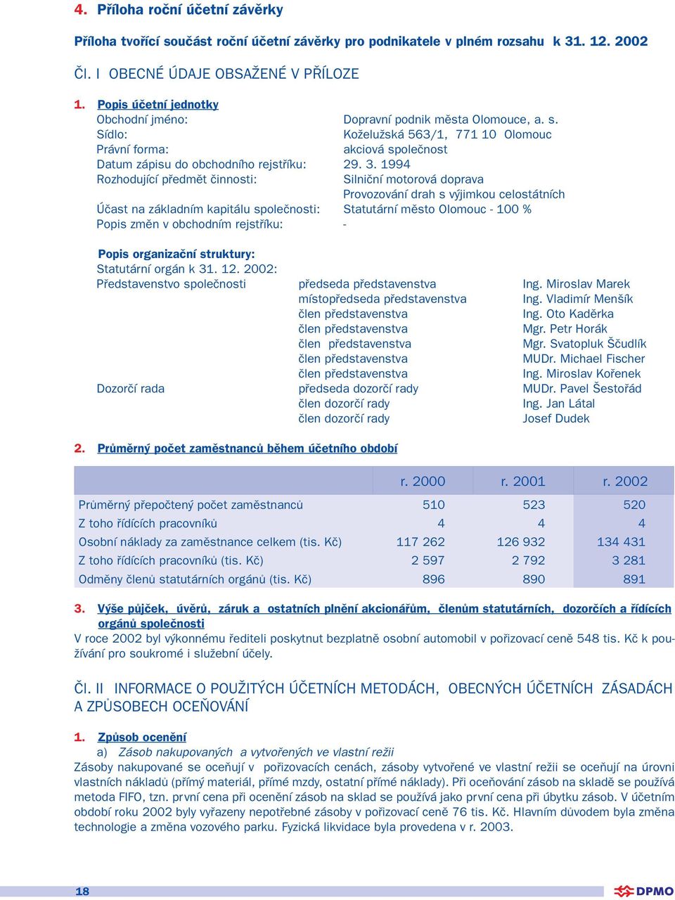 1994 Rozhodující předmět činnosti: Silniční motorová doprava Provozování drah s výjimkou celostátních Účast na základním kapitálu společnosti: Statutární město Olomouc - 100 % Popis změn v obchodním