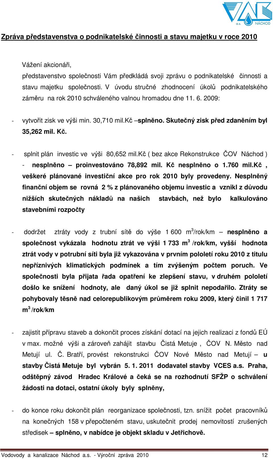 Skutečný zisk před zdaněním byl 35,262 mil. Kč. - splnit plán investic ve výši 80,652 mil.kč ( bez akce Rekonstrukce ČOV Náchod ) - nesplněno proinvestováno 78,892 mil. Kč nesplněno o 1.760 mil.