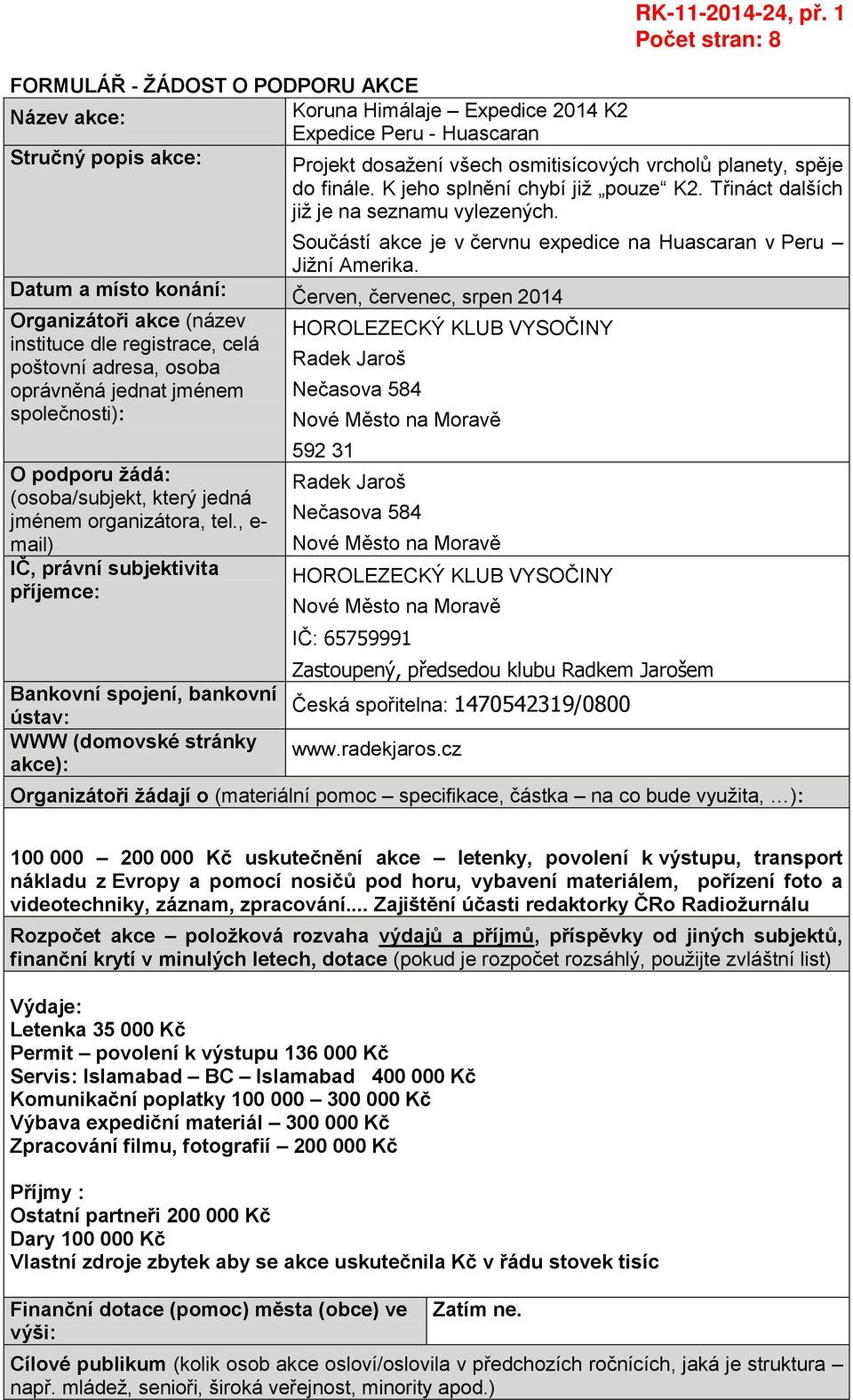 Datum a místo konání: Červen, červenec, srpen 2014 Organizátoři akce (název HOROLEZECKÝ KLUB VYSOČINY instituce dle registrace, celá poštovní adresa, osoba Radek Jaroš oprávněná jednat jménem