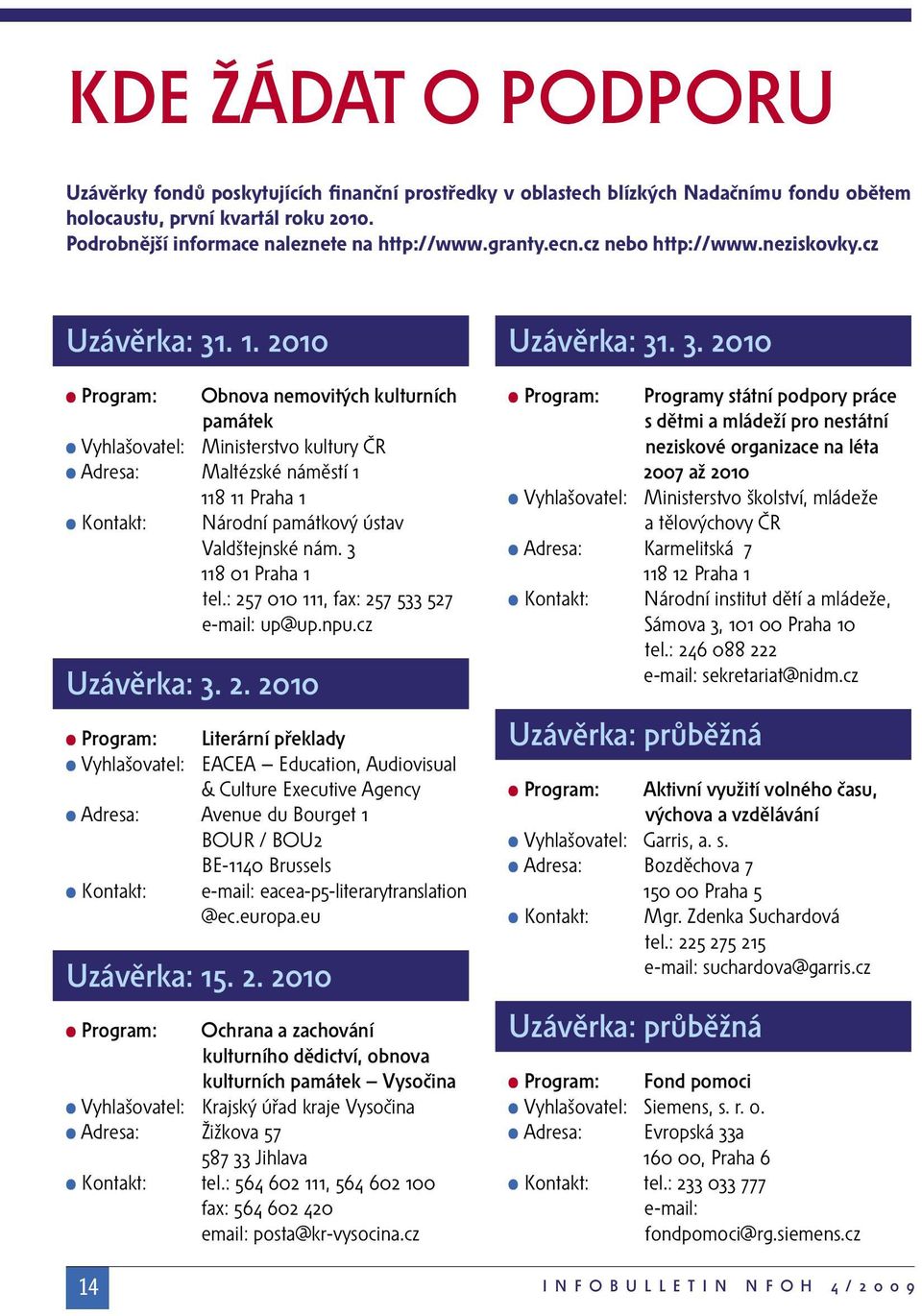 2010 Program: Obnova nemovitých kulturních památek Vyhlašovatel: Ministerstvo kultury ČR Adresa: Maltézské náměstí 1 118 11 Praha 1 Kontakt: Národní památkový ústav Valdštejnské nám.